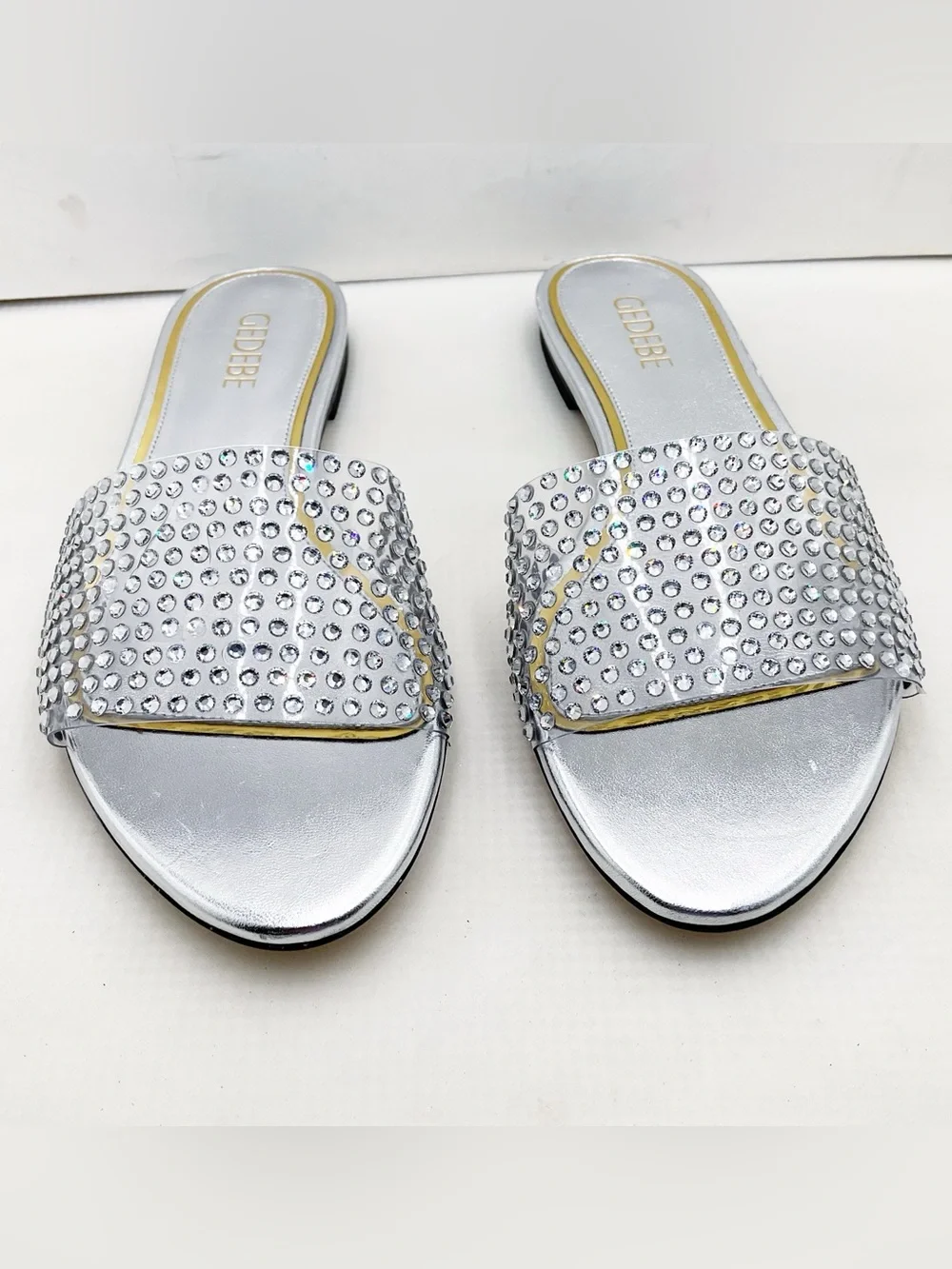 🆕{Gedebe} Metallic Leather Silver Crystal  Embellished Slides Sandals